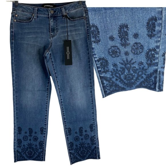 Liverpool Jeans Denim - Liverpool Jeans Women's Sz 28" Blue The Crop Straight w/ Embroidered Hem Nwt